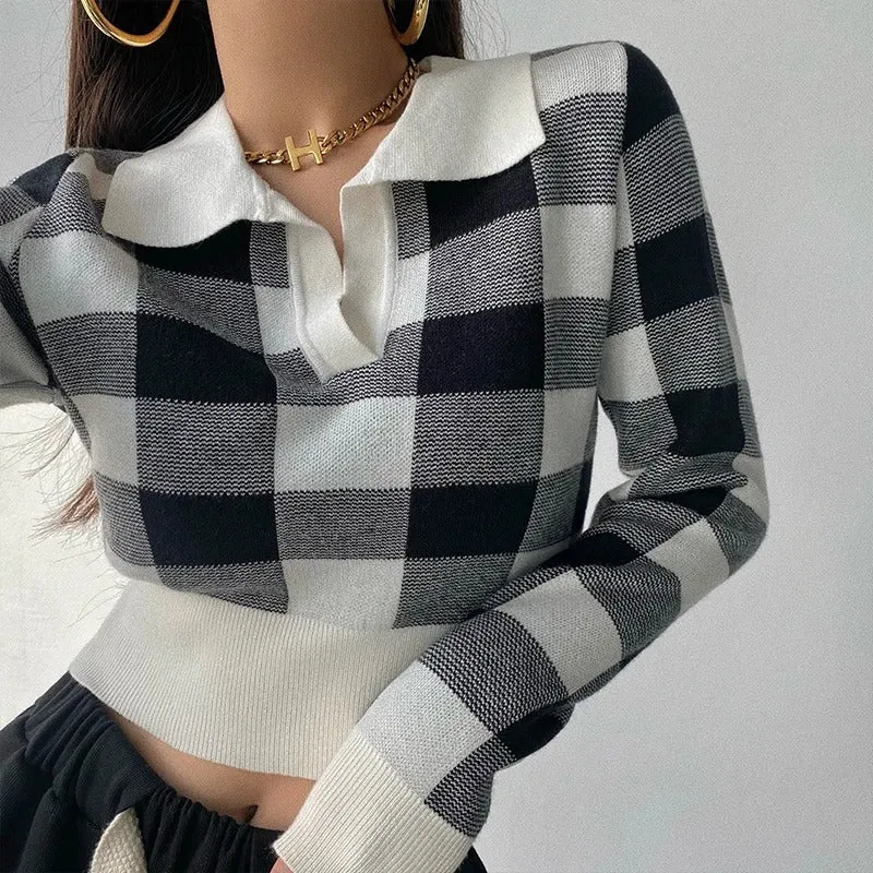 Mila Sweater Plaid Polo | Stijlvolle, trendy geruite dames polotrui met V-hals