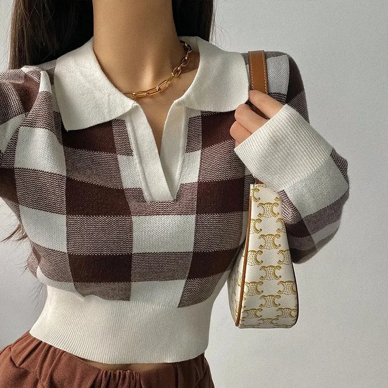 Mila Sweater Plaid Polo | Stijlvolle, trendy geruite dames polotrui met V-hals