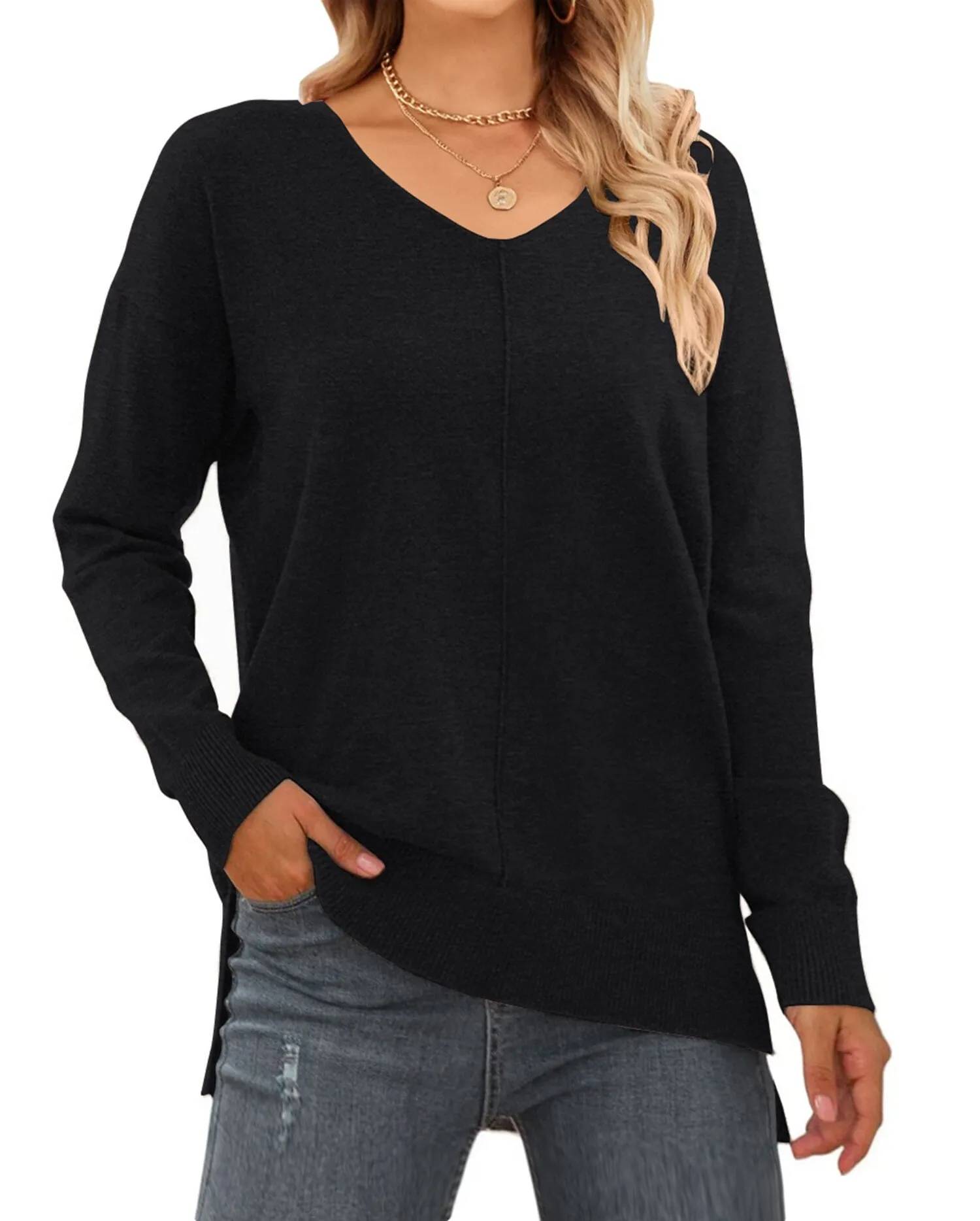 MOSHU V Neck Sweaters for Women Fall Lightweight Knit Pullover Sweater