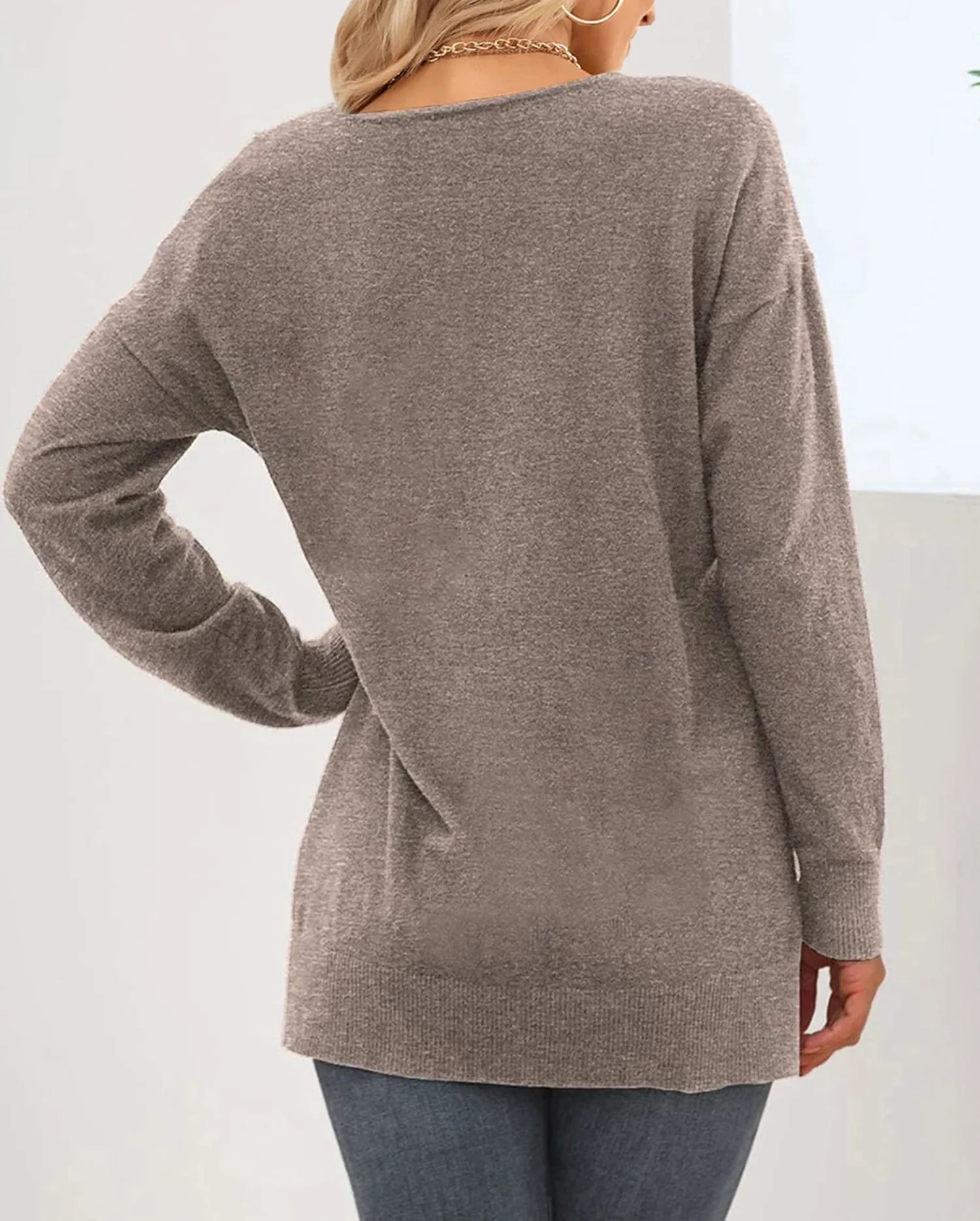 MOSHU V Neck Sweaters for Women Fall Lightweight Knit Pullover Sweater
