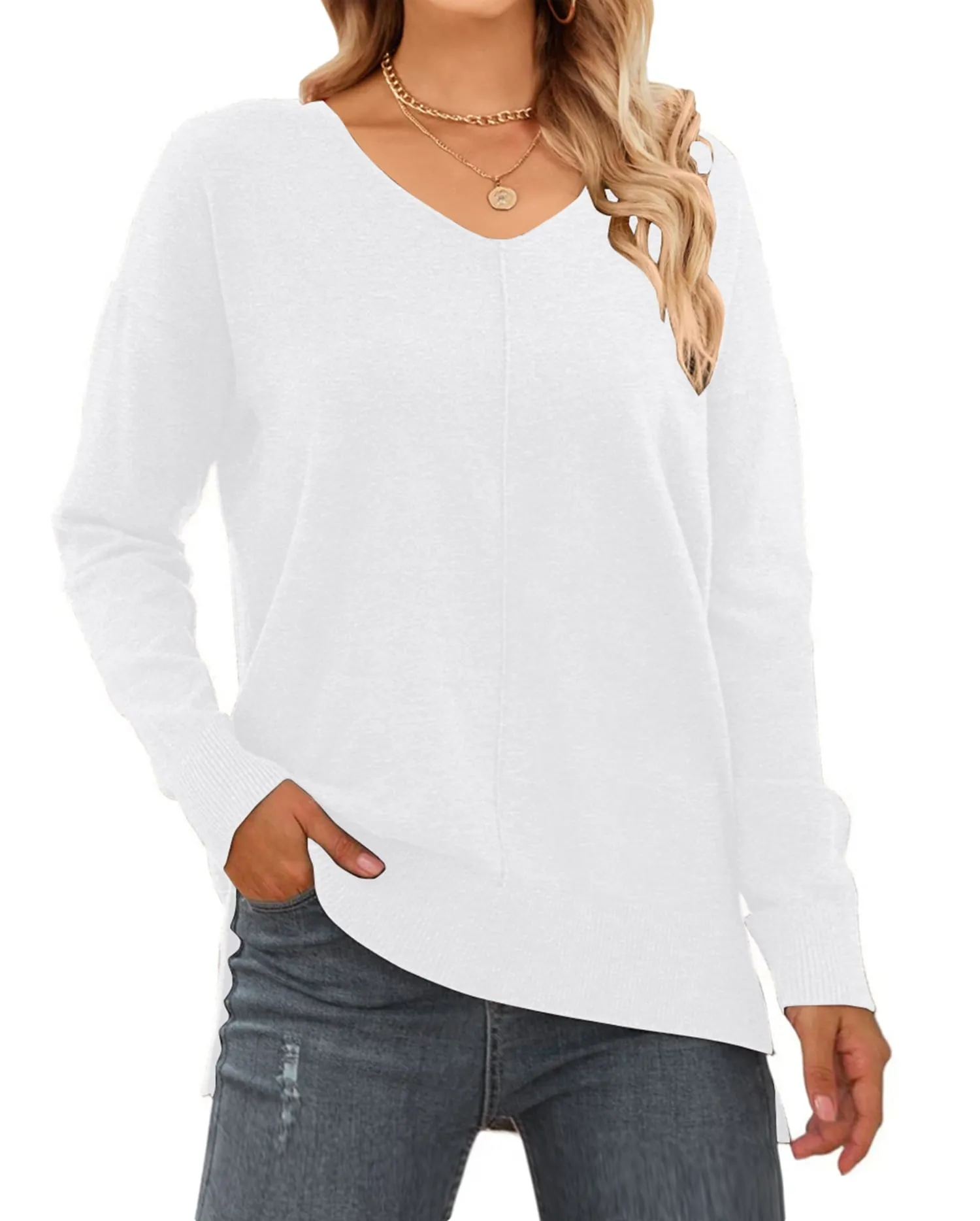 MOSHU V Neck Sweaters for Women Fall Lightweight Knit Pullover Sweater