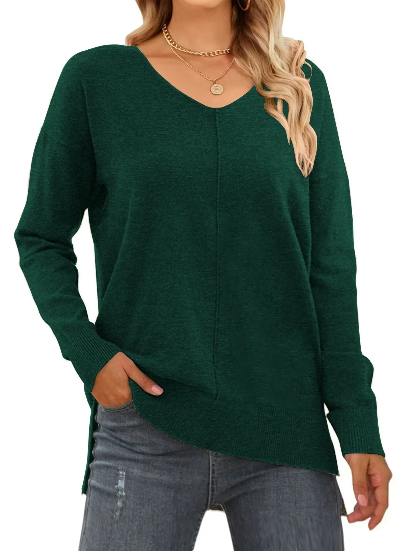 MOSHU V Neck Sweaters for Women Fall Lightweight Knit Pullover Sweater