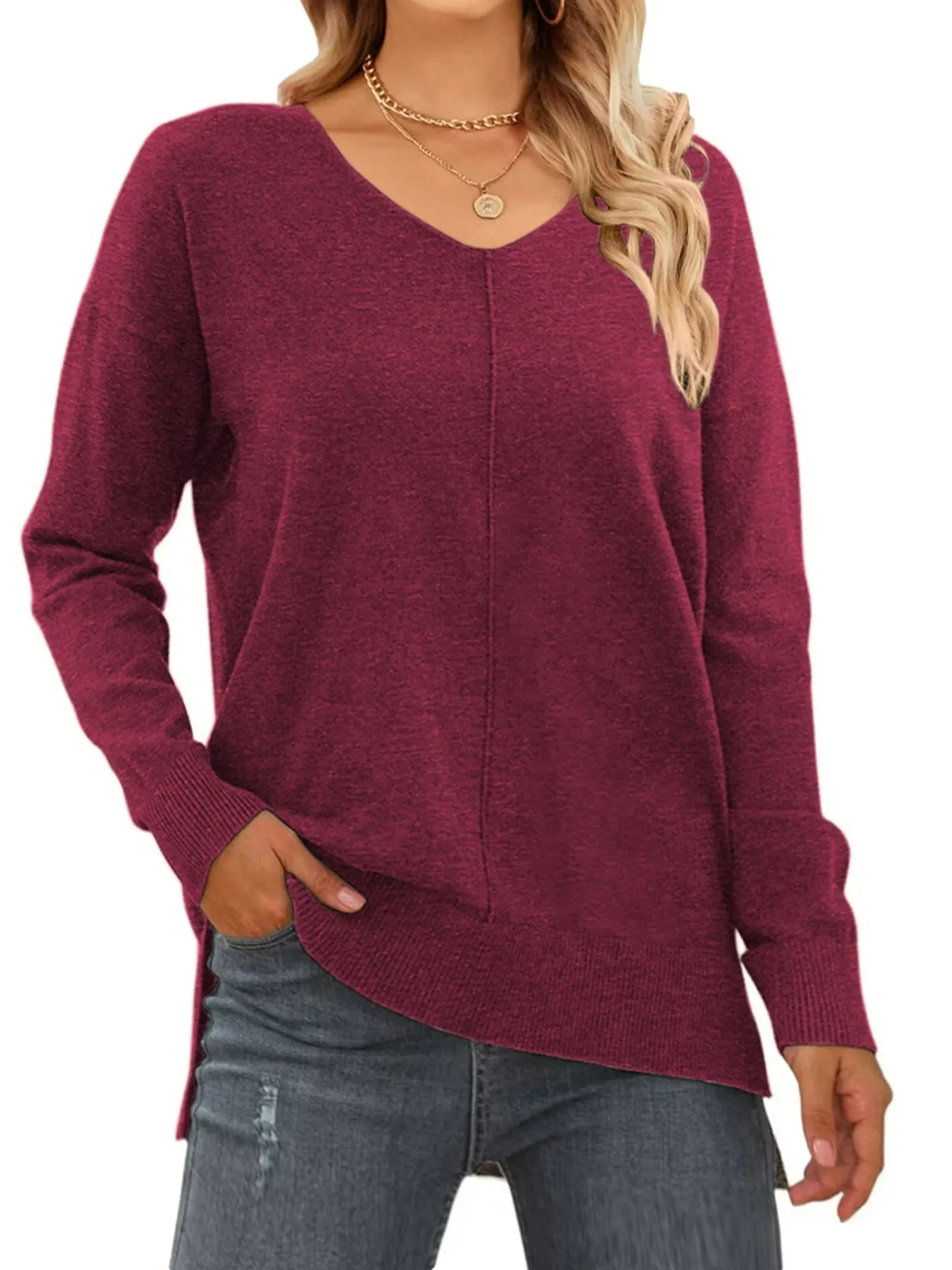 MOSHU V Neck Sweaters for Women Fall Lightweight Knit Pullover Sweater