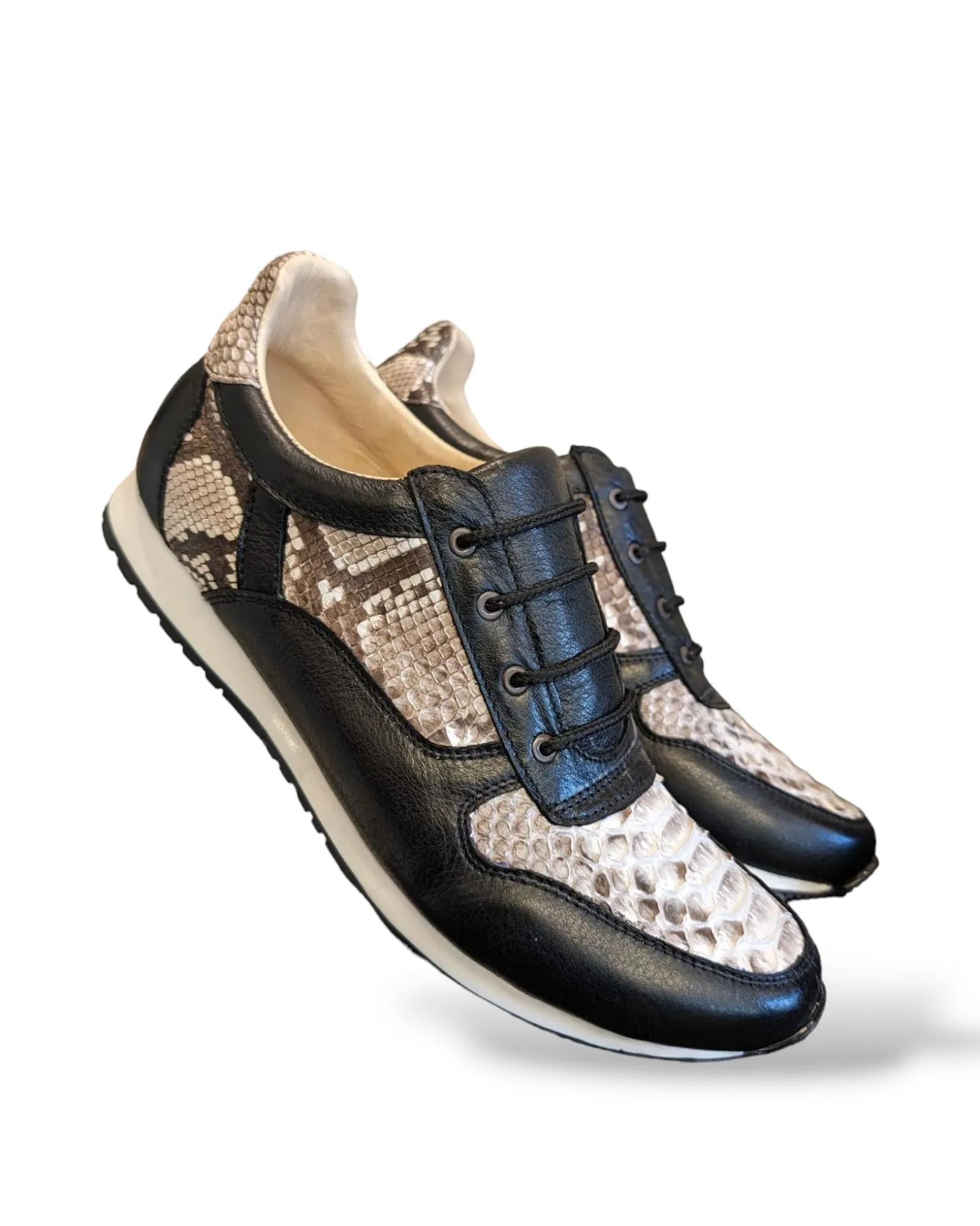 Natural Snakeskin and Black Leather Lace Up Tennis Shoes