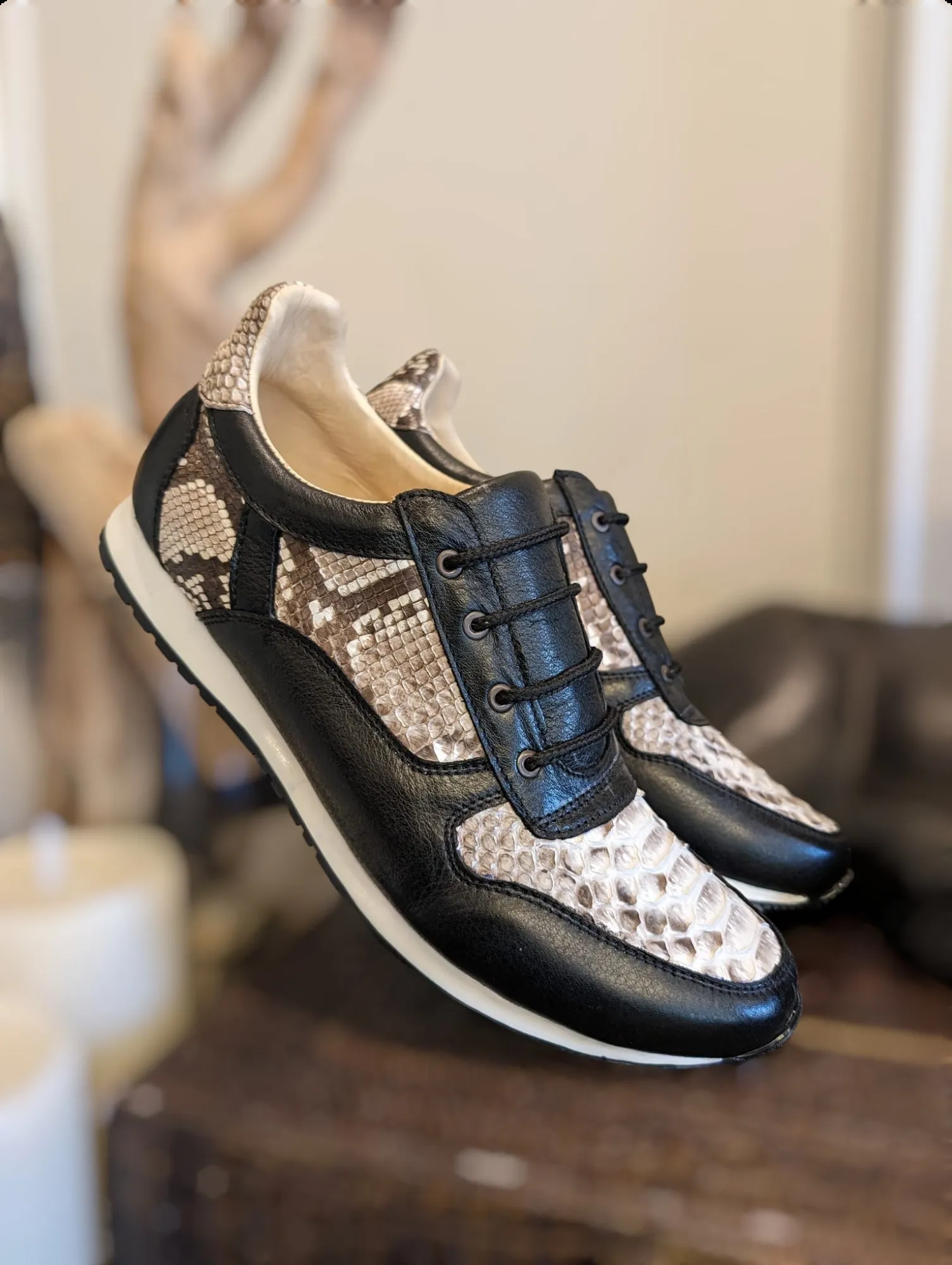 Natural Snakeskin and Black Leather Lace Up Tennis Shoes
