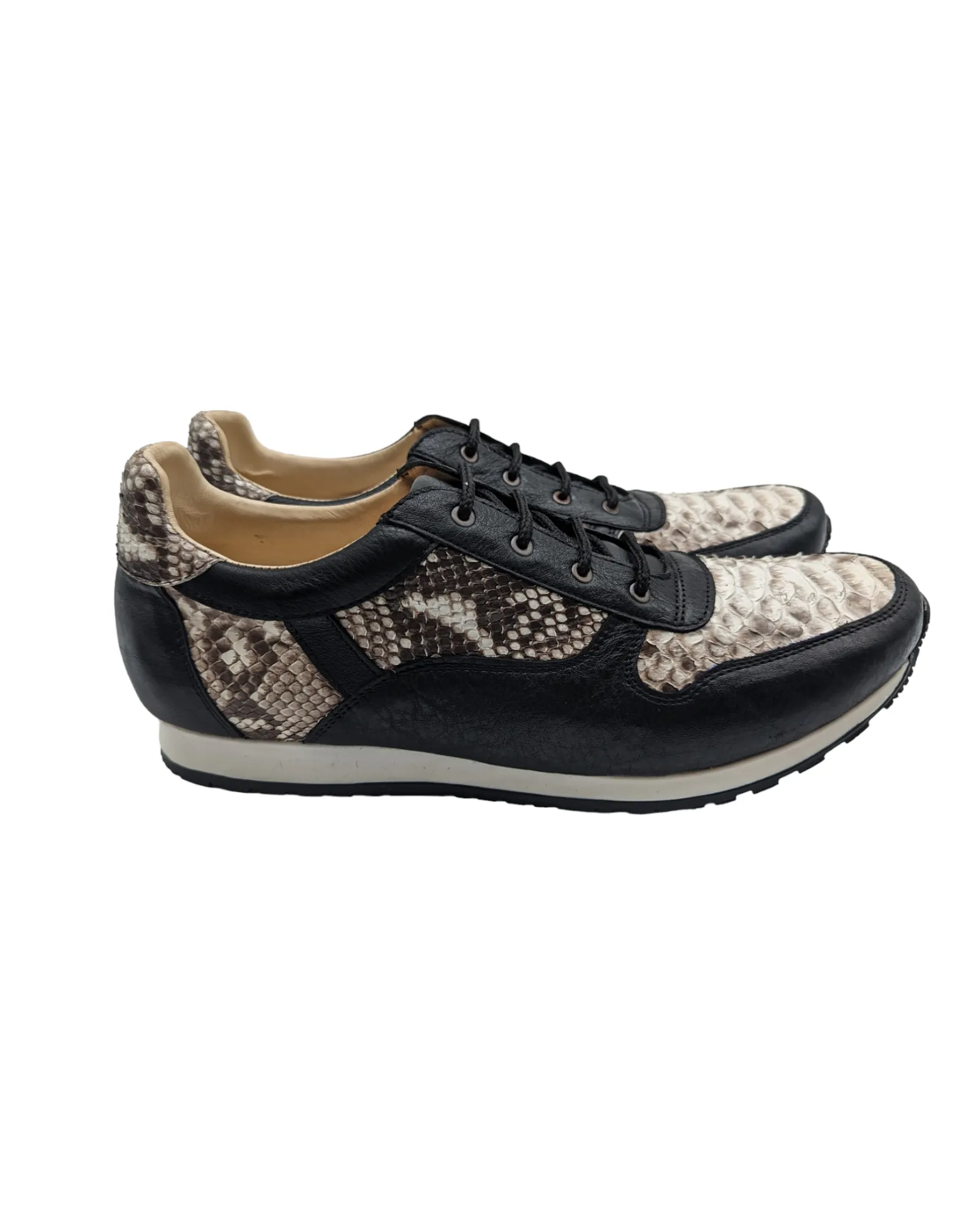 Natural Snakeskin and Black Leather Lace Up Tennis Shoes