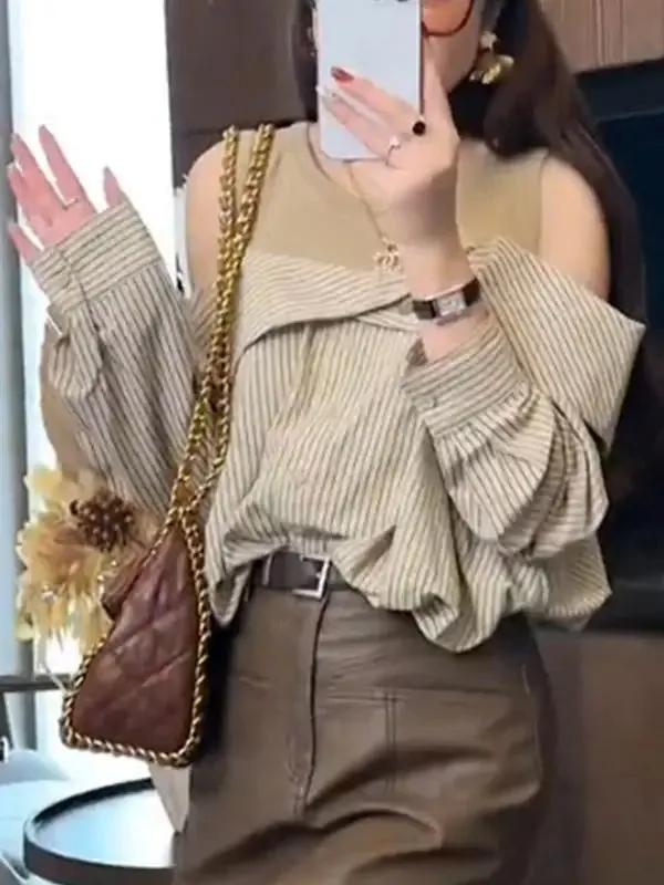 Off Shoulder Elegant Striped Blouse Shirts