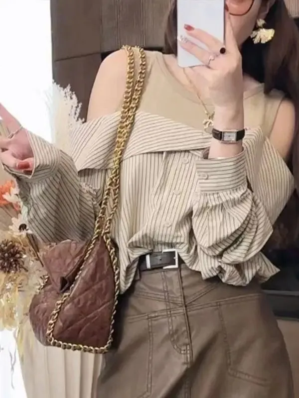 Off Shoulder Elegant Striped Blouse Shirts