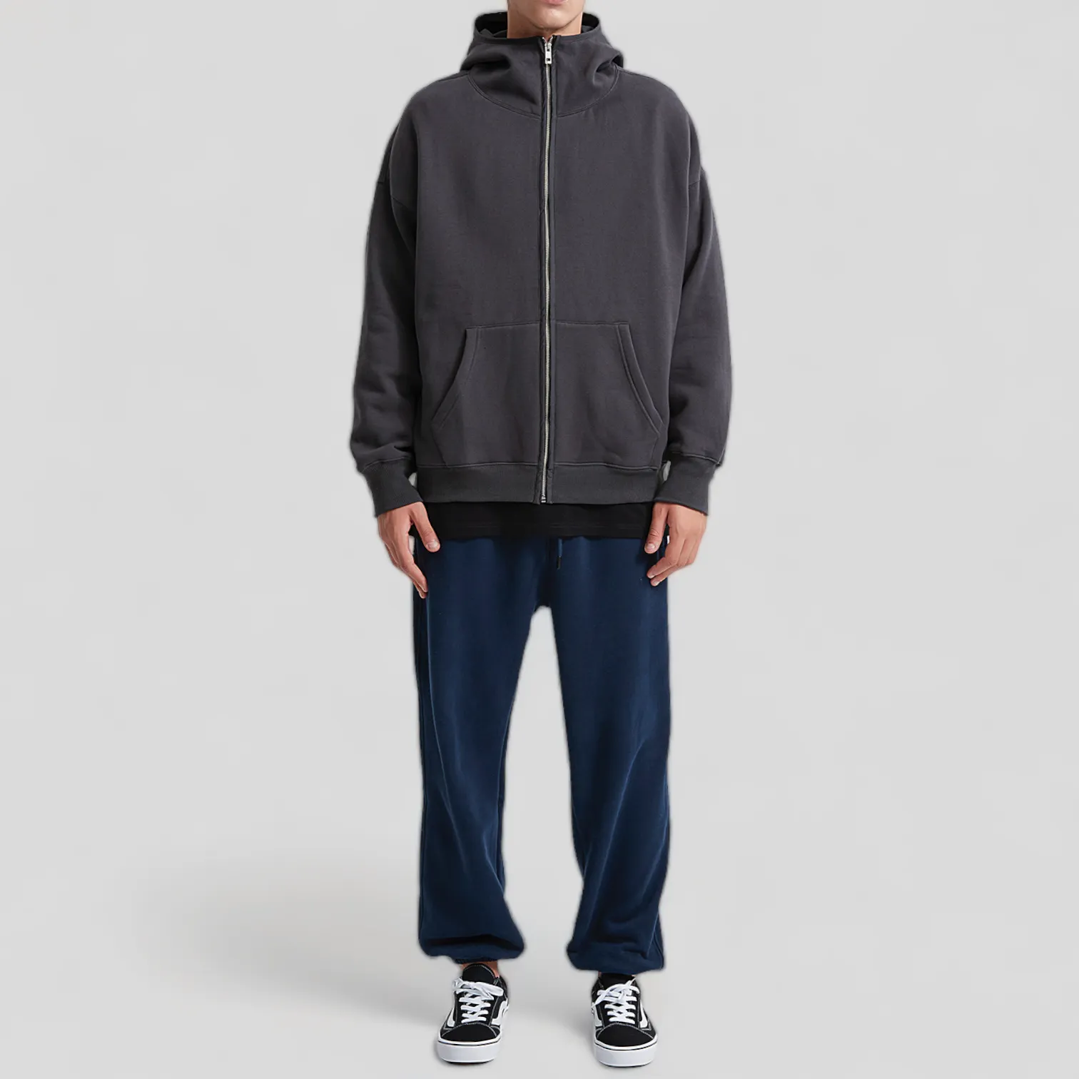 Oversized high neck zip front fleece hoodie