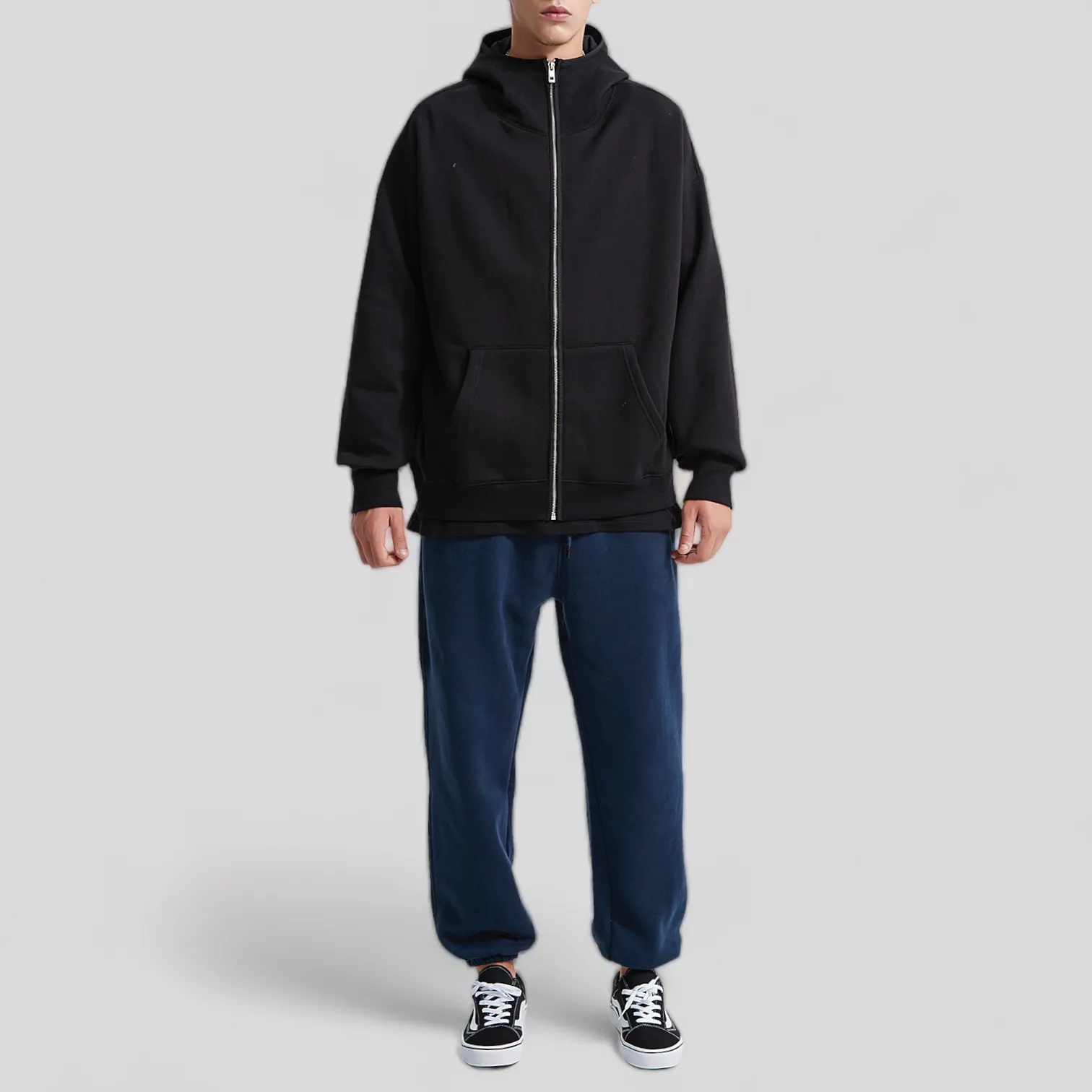 Oversized high neck zip front fleece hoodie