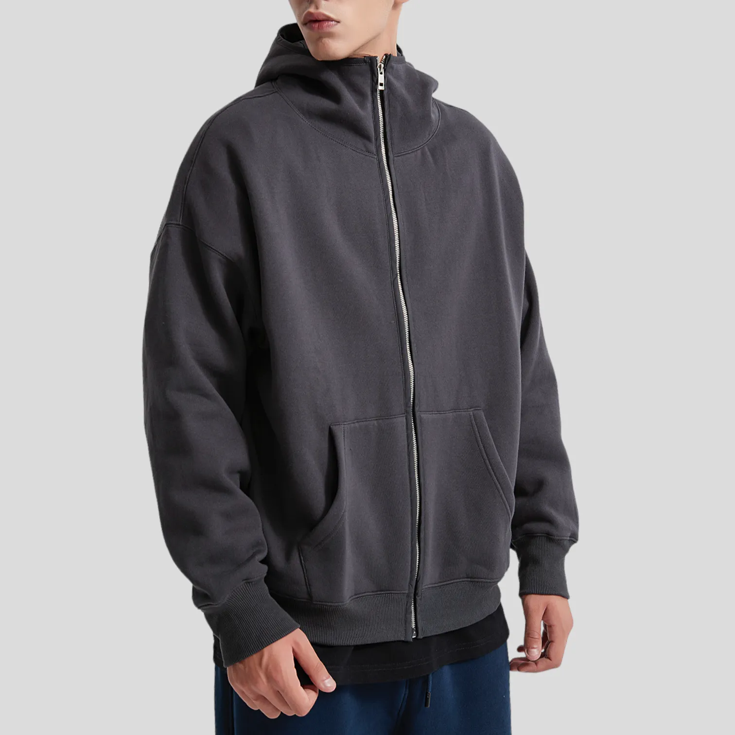 Oversized high neck zip front fleece hoodie