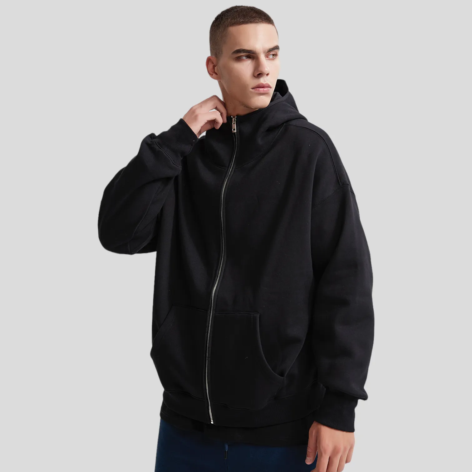 Oversized high neck zip front fleece hoodie
