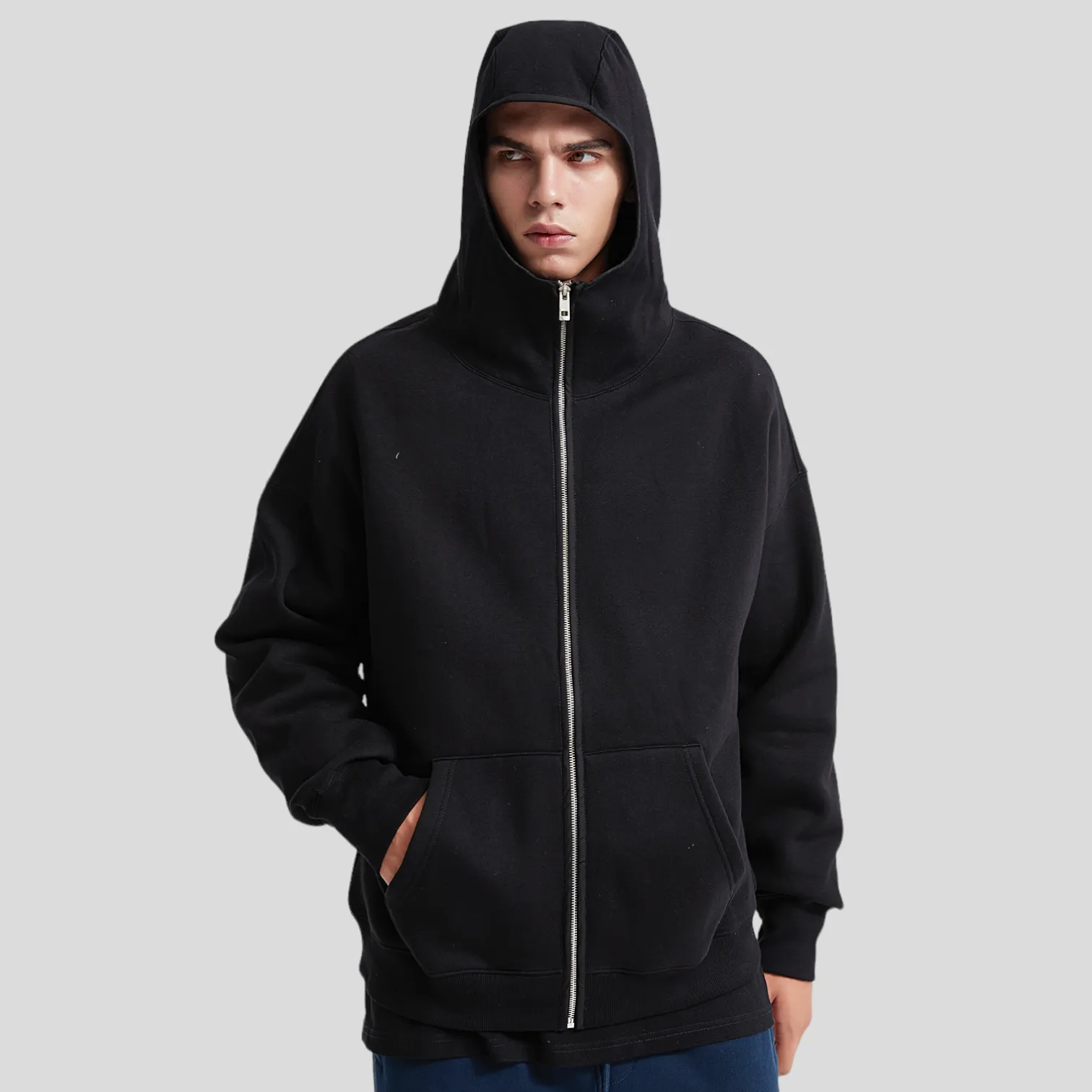 Oversized high neck zip front fleece hoodie