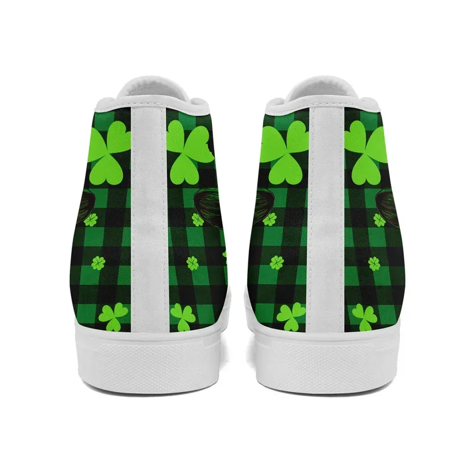 Personalized Lucky Shamrock Sneakers, Custom Festive Green High-Top Shoes, Clover Charm Sneakers