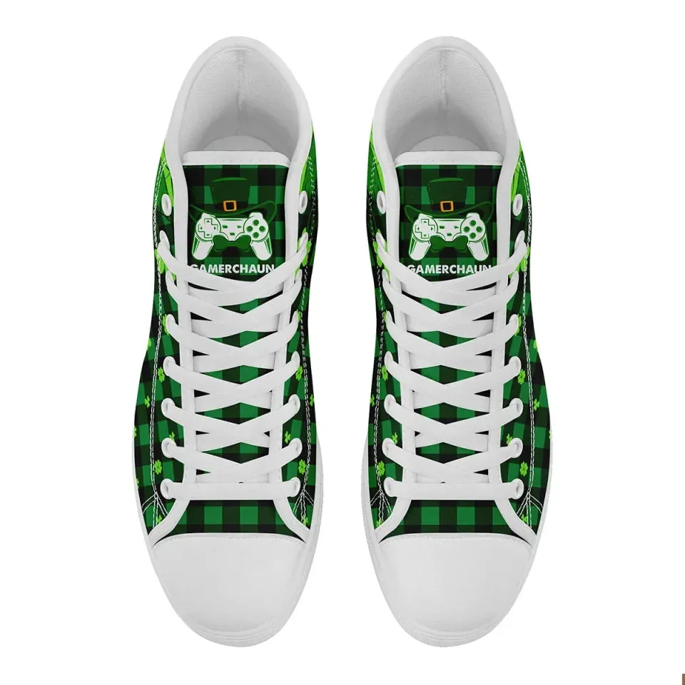 Personalized Lucky Shamrock Sneakers, Custom Festive Green High-Top Shoes, Clover Charm Sneakers
