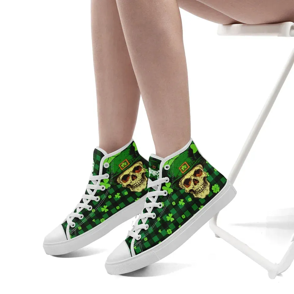 Personalized Lucky Shamrock Sneakers, Custom Festive Green High-Top Shoes, Clover Charm Sneakers