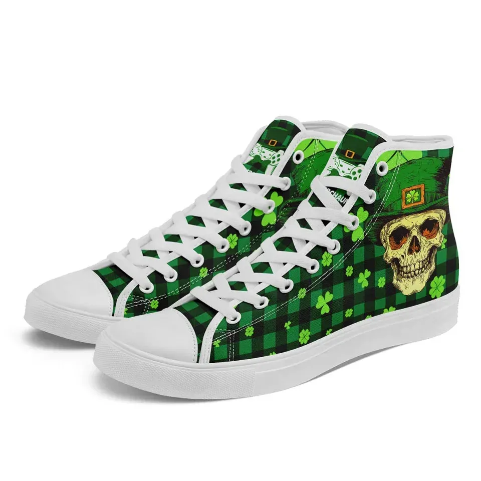 Personalized Lucky Shamrock Sneakers, Custom Festive Green High-Top Shoes, Clover Charm Sneakers