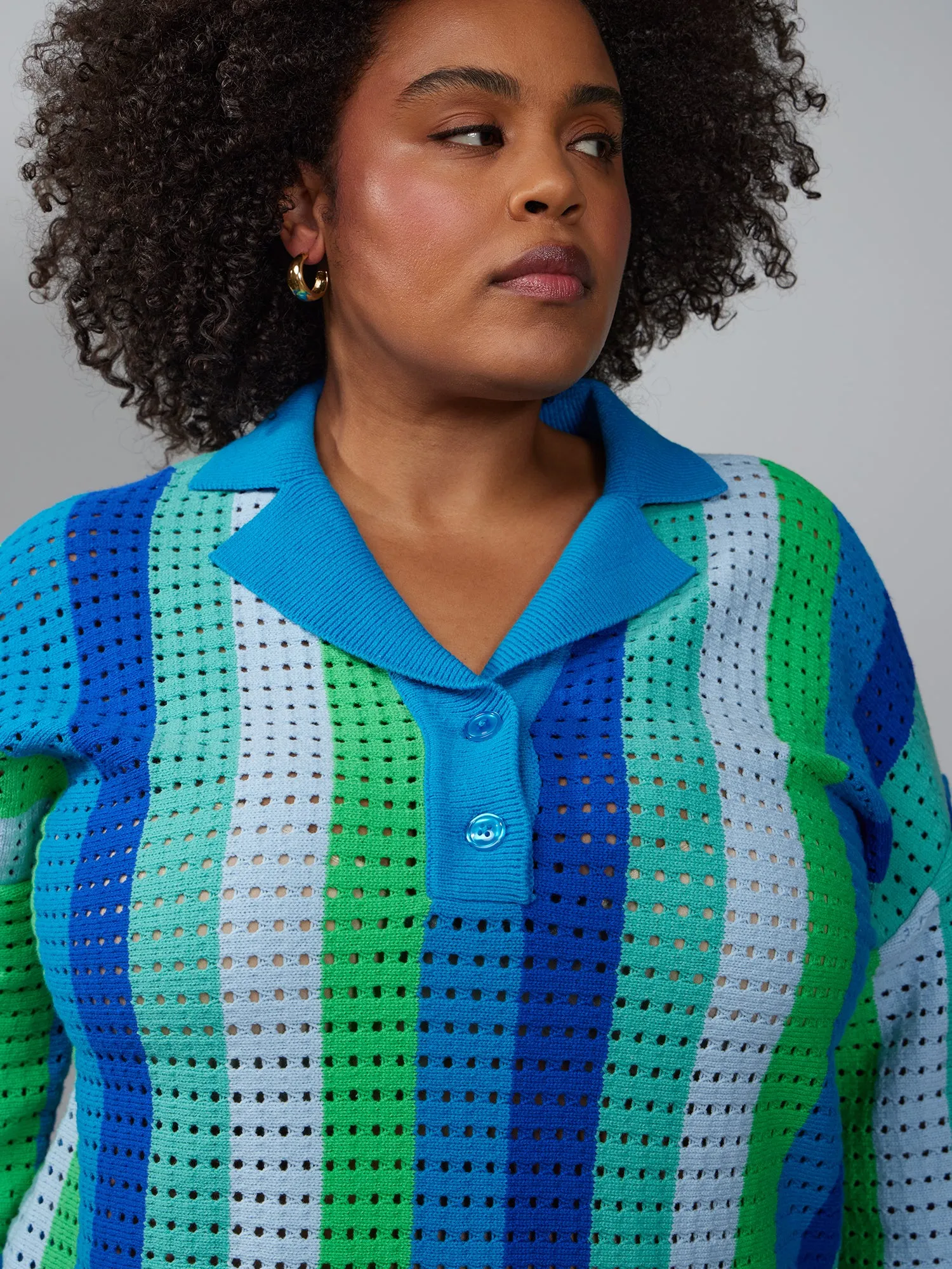 Plus Collared Crochet Striped Tunic