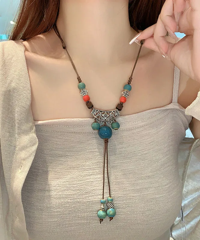 Retro Brown Alloy Ceramic Hemp Rope Tassel Pendant Necklace II014