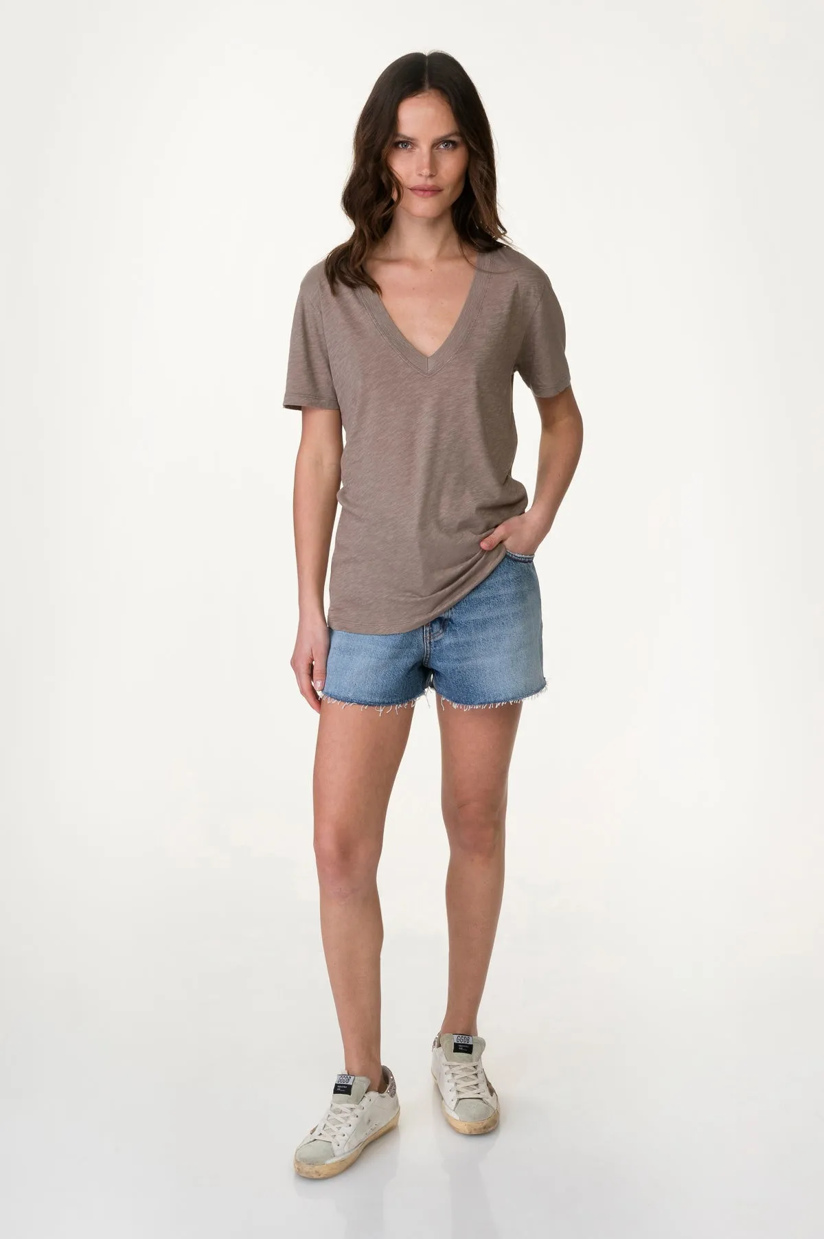 Sand Sheer Slub V Neck Tee