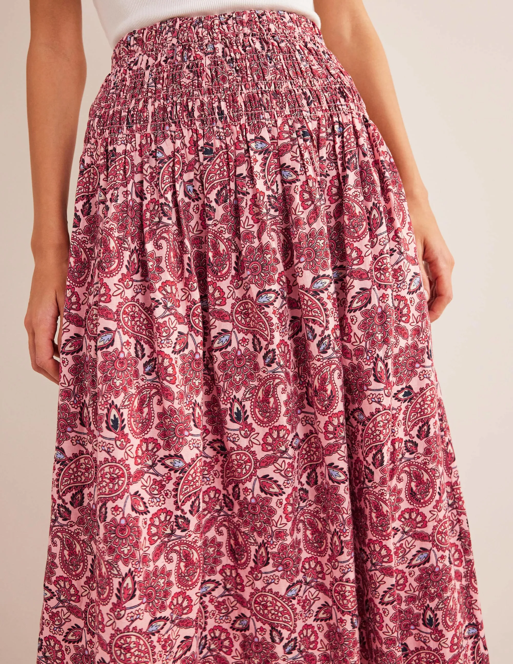 Shirred Waist Linen Midi Skirt-Chalky Pink, Paisley Terrace