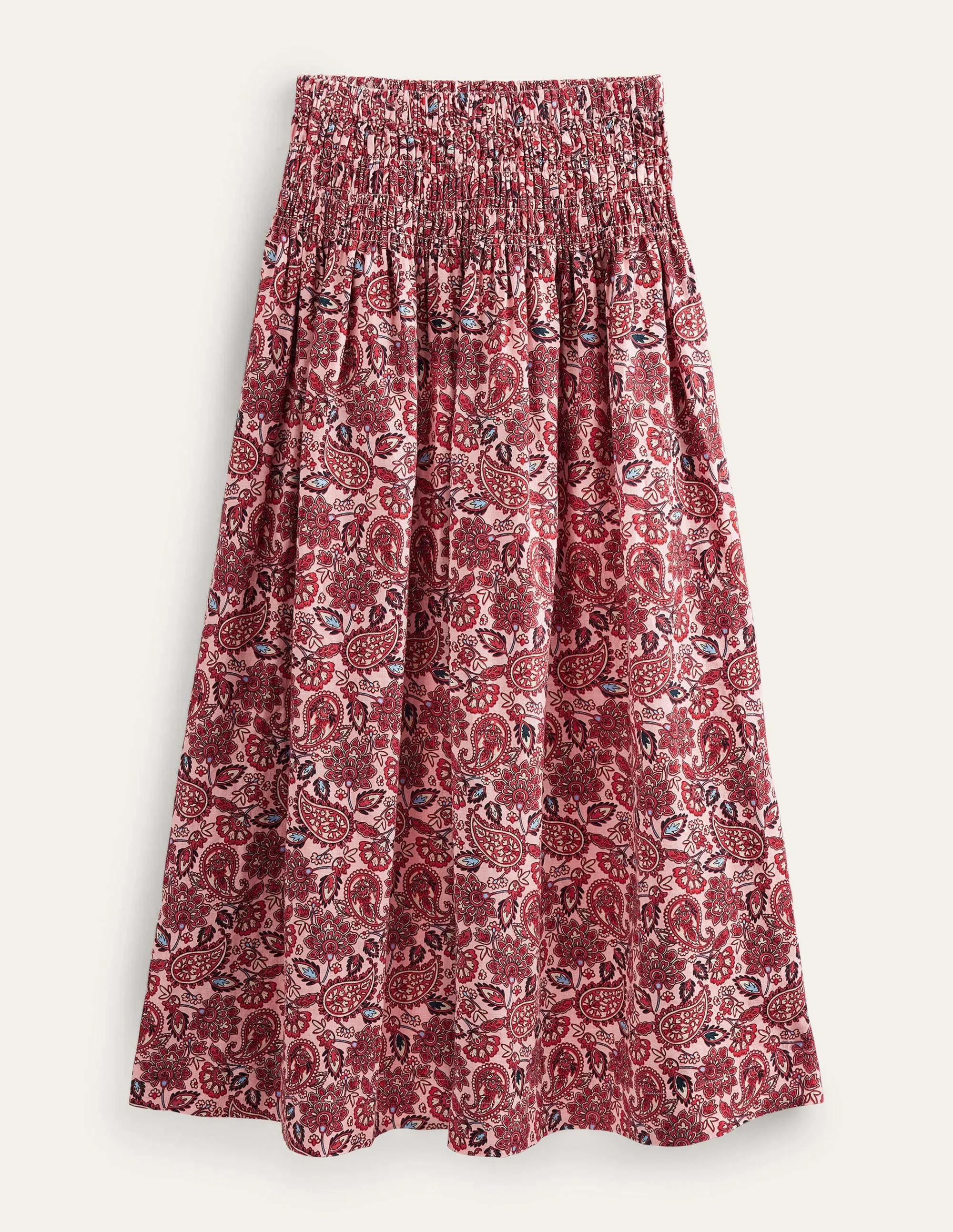 Shirred Waist Linen Midi Skirt-Chalky Pink, Paisley Terrace