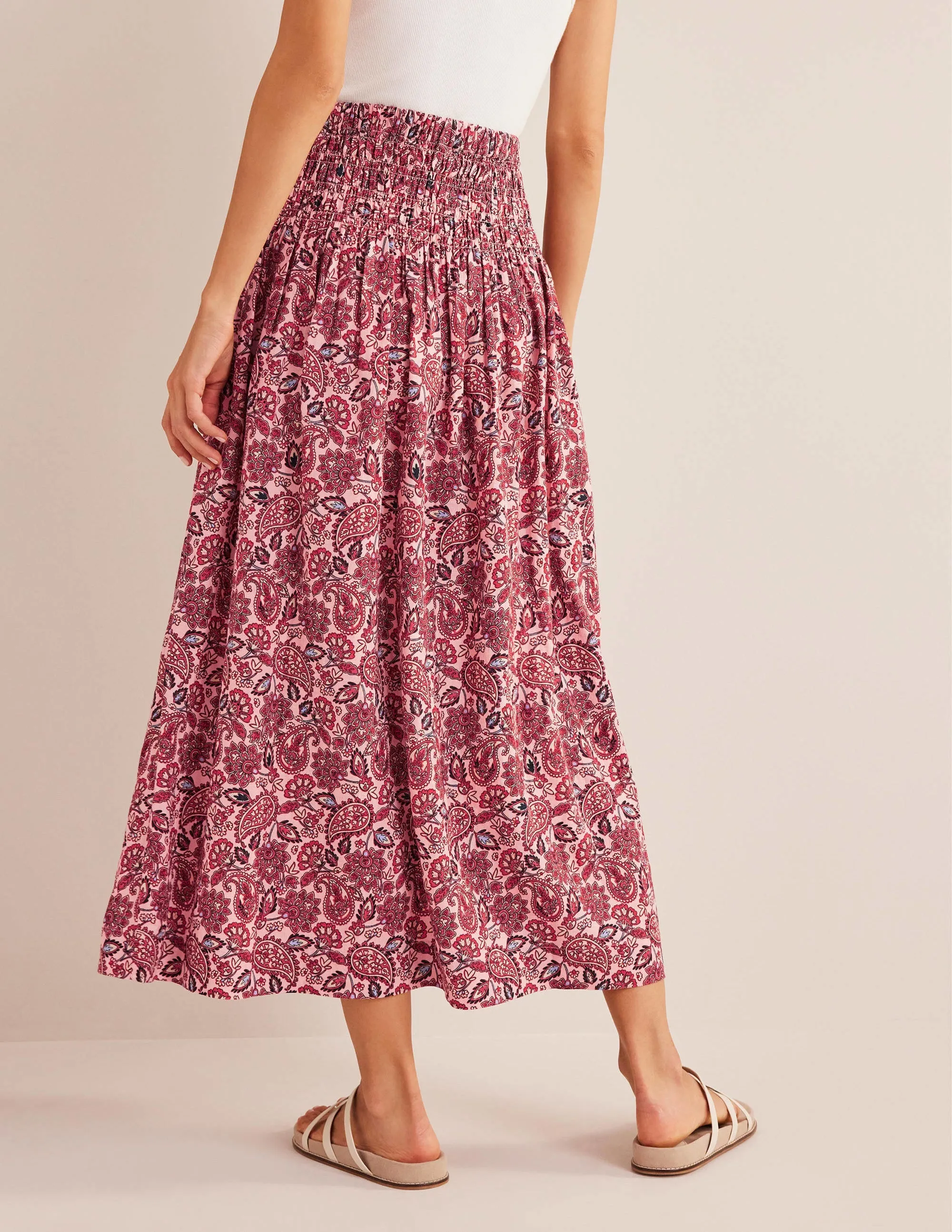 Shirred Waist Linen Midi Skirt-Chalky Pink, Paisley Terrace