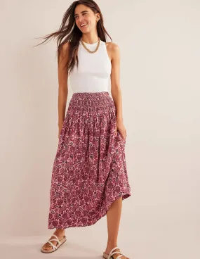 Shirred Waist Linen Midi Skirt-Chalky Pink, Paisley Terrace