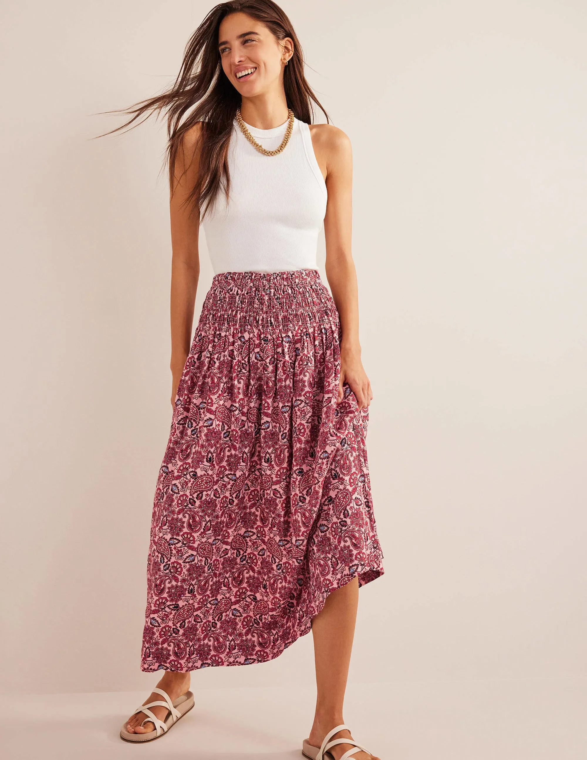 Shirred Waist Linen Midi Skirt-Chalky Pink, Paisley Terrace