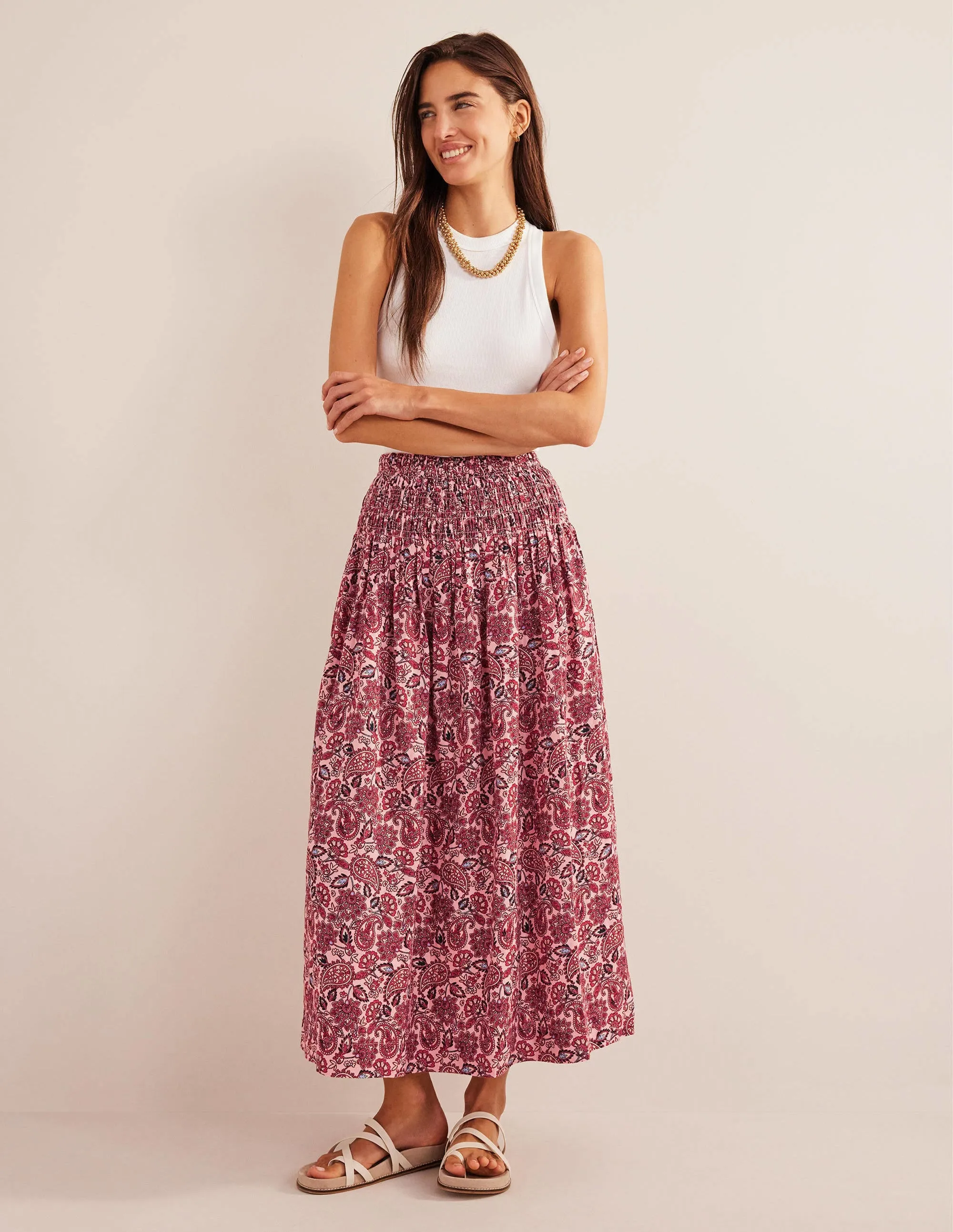 Shirred Waist Linen Midi Skirt-Chalky Pink, Paisley Terrace