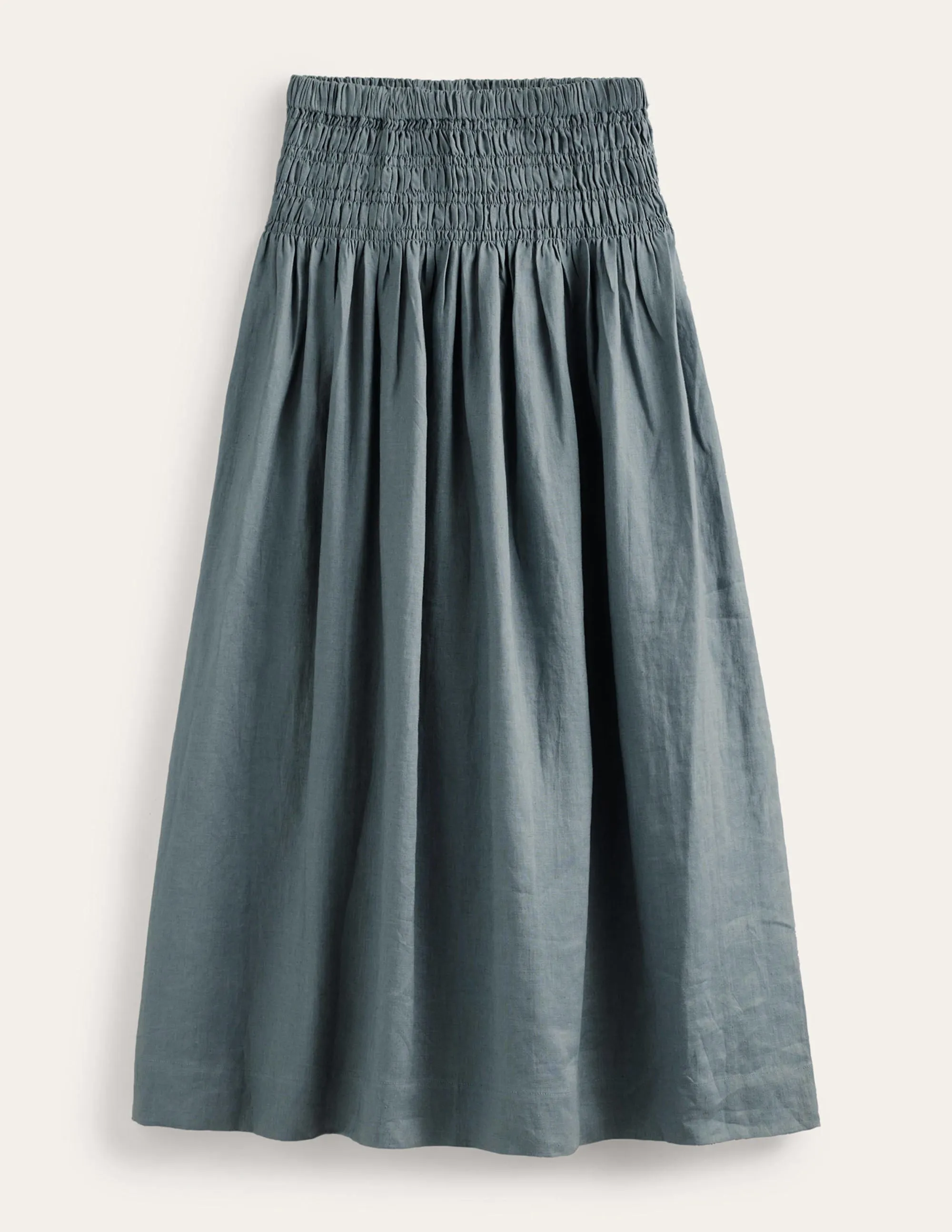 Shirred Waist Linen Midi Skirt-Deep Sea