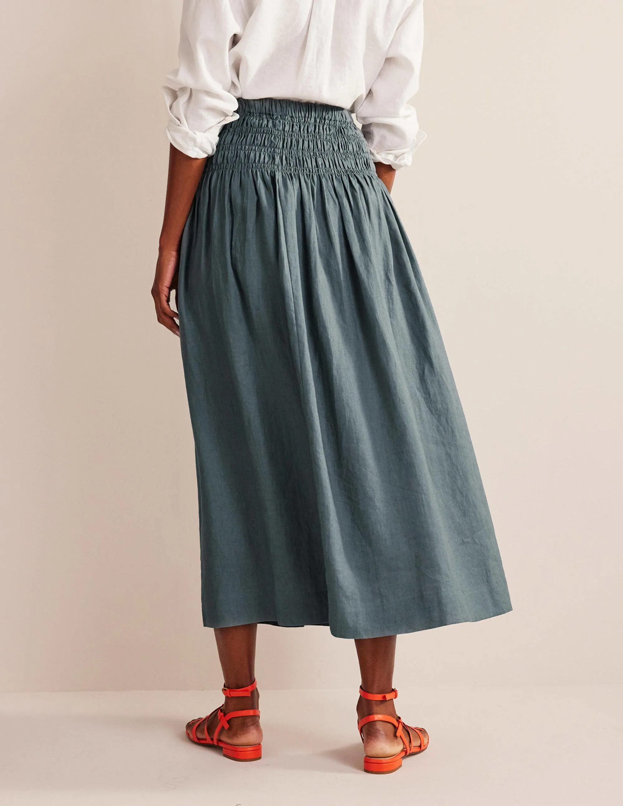Shirred Waist Linen Midi Skirt-Deep Sea