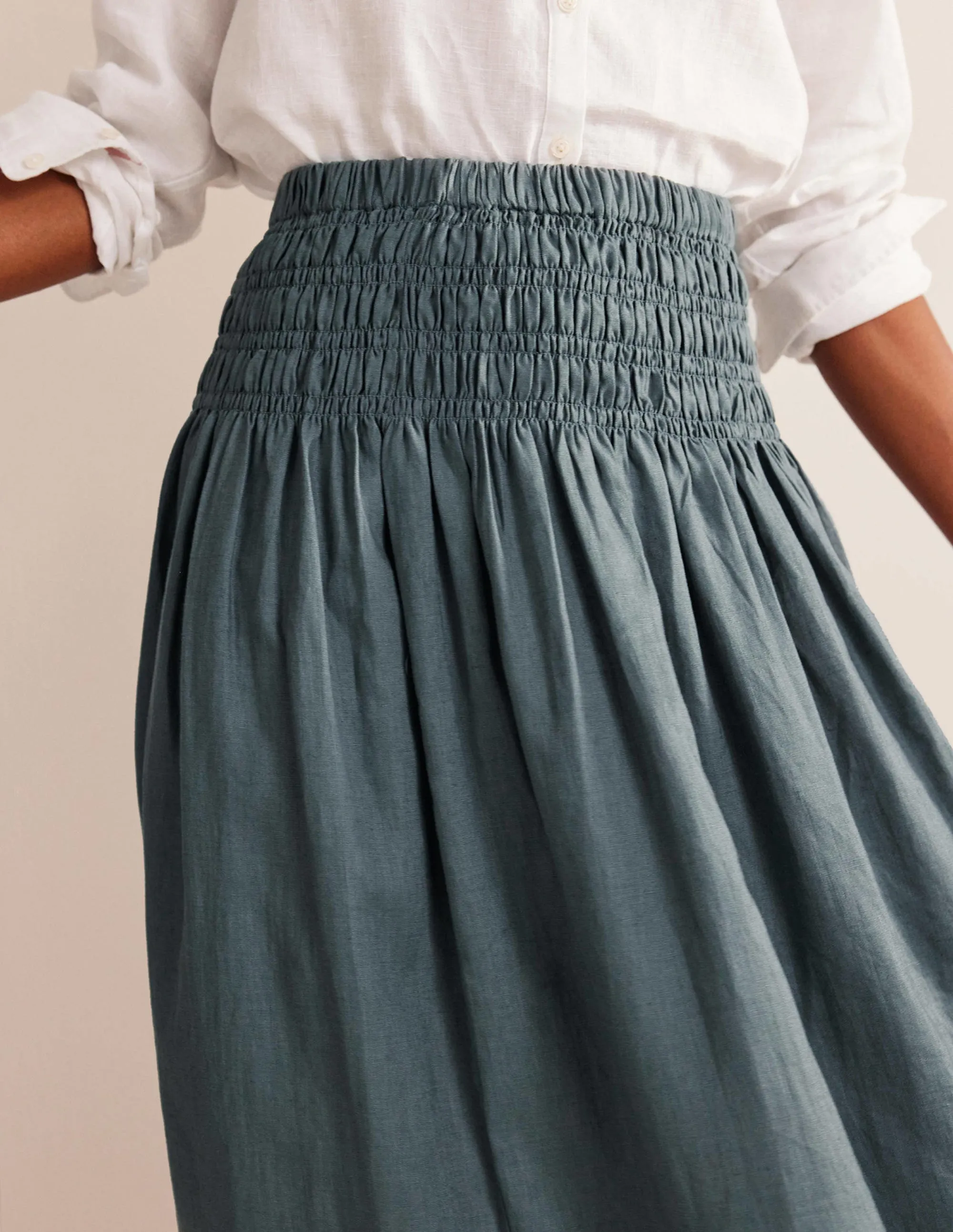 Shirred Waist Linen Midi Skirt-Deep Sea