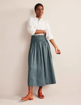 Shirred Waist Linen Midi Skirt-Deep Sea