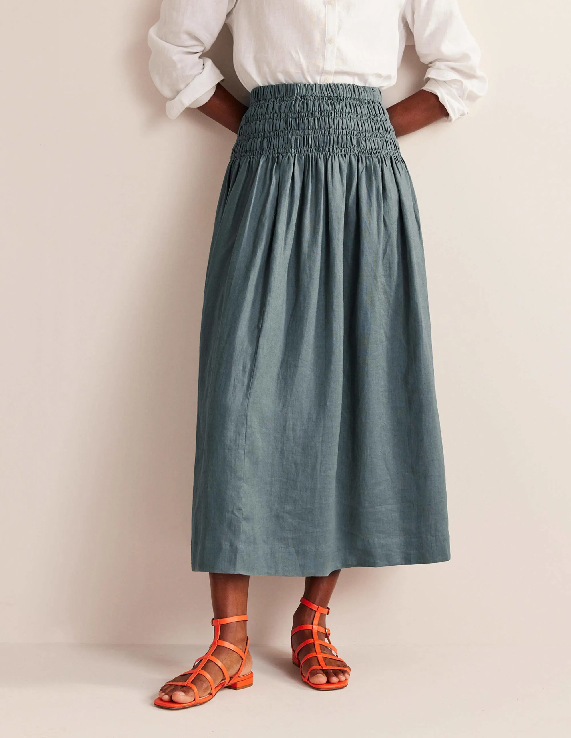 Shirred Waist Linen Midi Skirt-Deep Sea