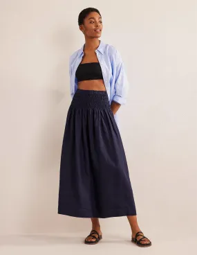 Shirred Waist Linen Midi Skirt-Navy