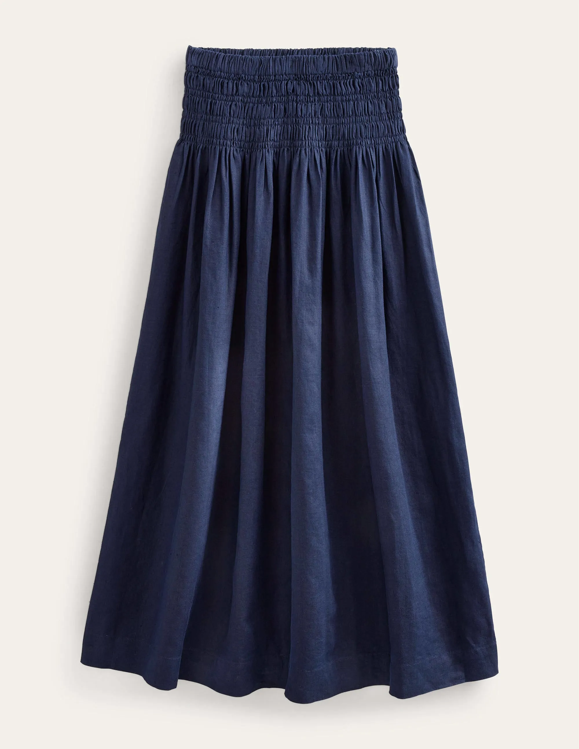 Shirred Waist Linen Midi Skirt-Navy