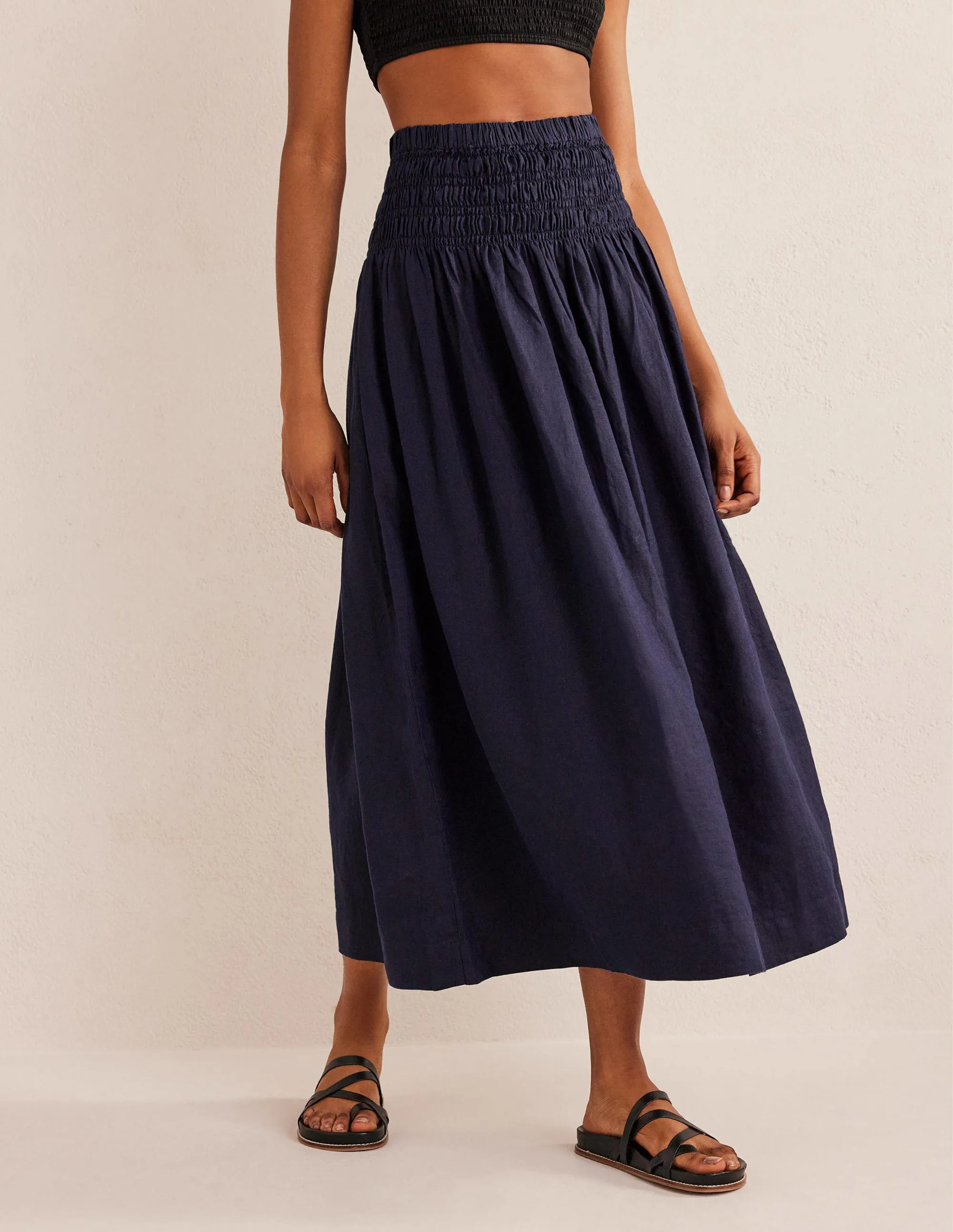 Shirred Waist Linen Midi Skirt-Navy