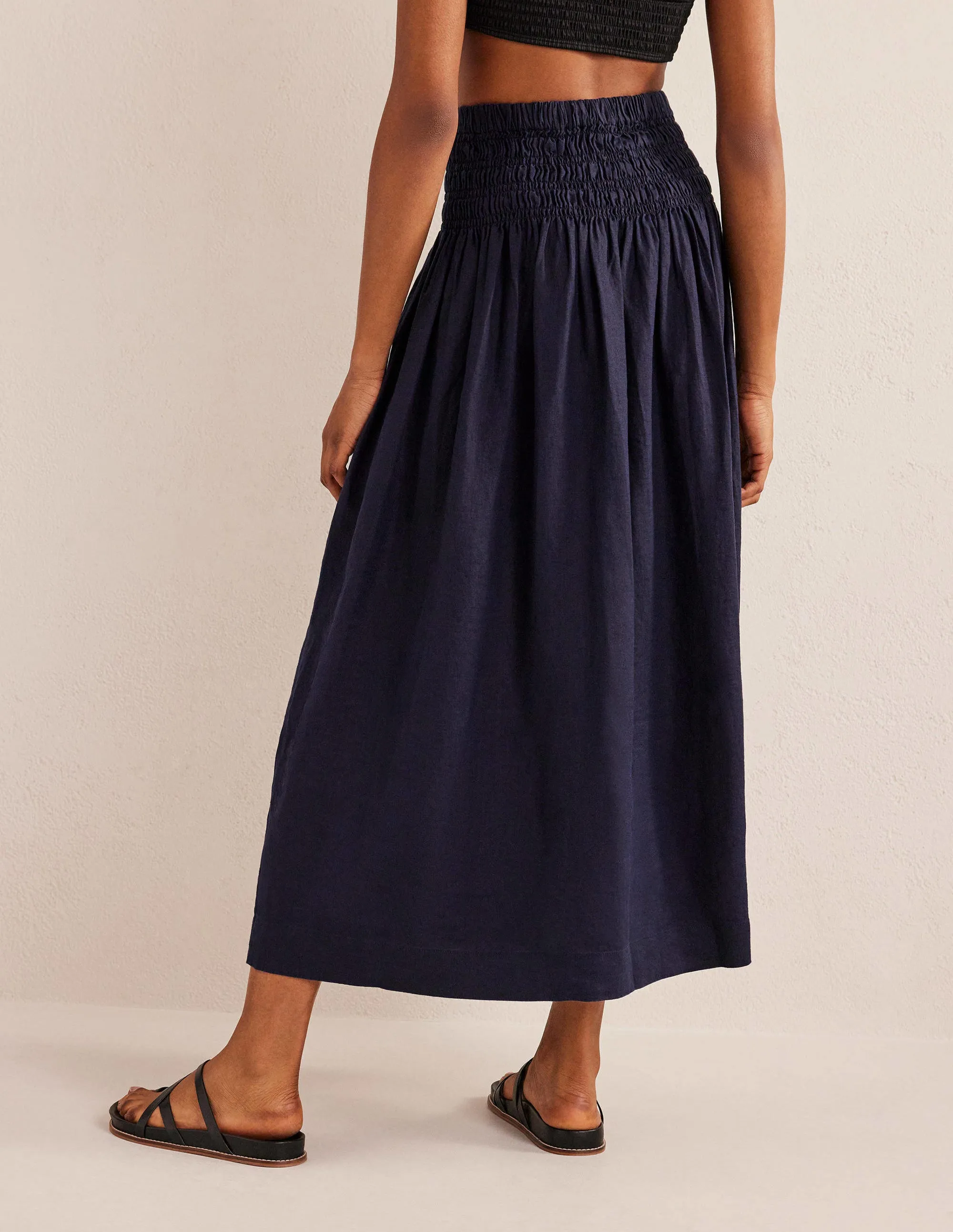 Shirred Waist Linen Midi Skirt-Navy