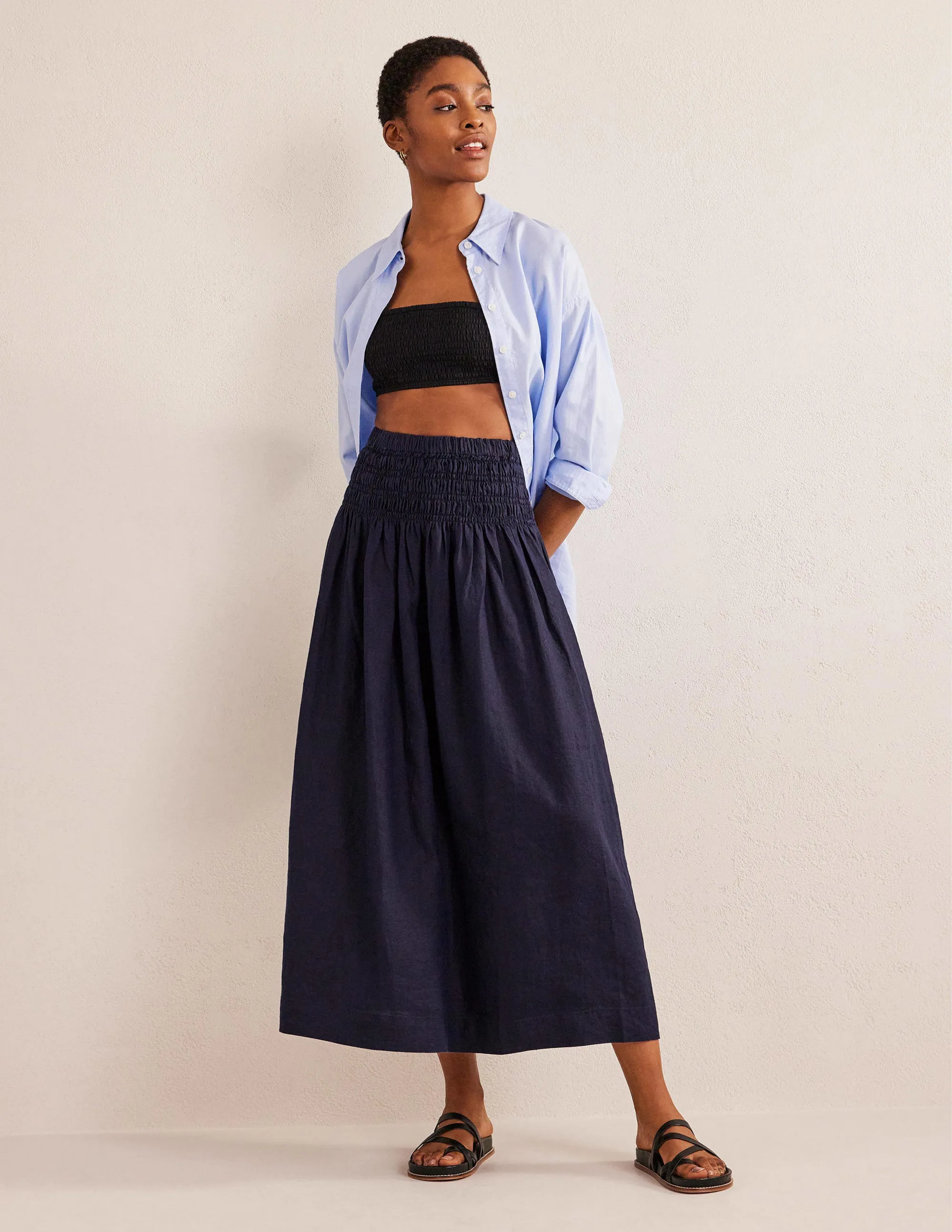 Shirred Waist Linen Midi Skirt-Navy