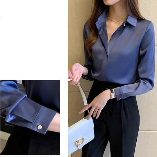 Silk Long Sleeve Shirts Blouse - Office Lady Satin Top