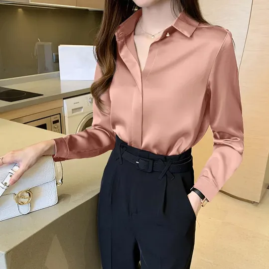 Silk Long Sleeve Shirts Blouse - Office Lady Satin Top