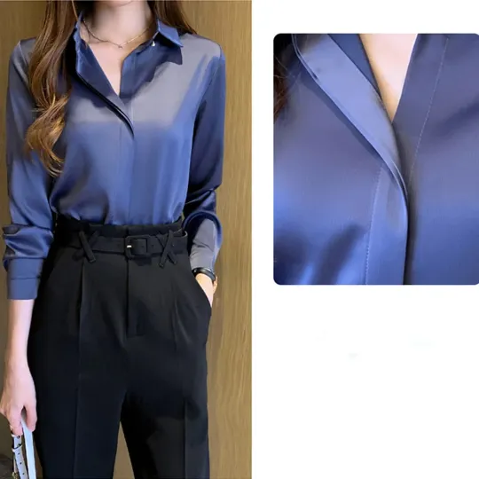 Silk Long Sleeve Shirts Blouse - Office Lady Satin Top