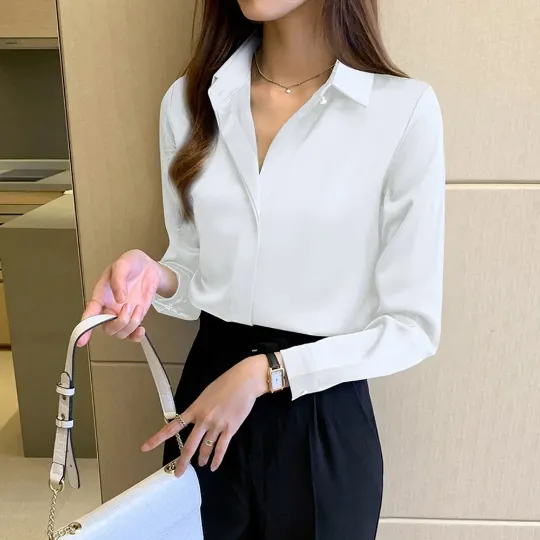 Silk Long Sleeve Shirts Blouse - Office Lady Satin Top
