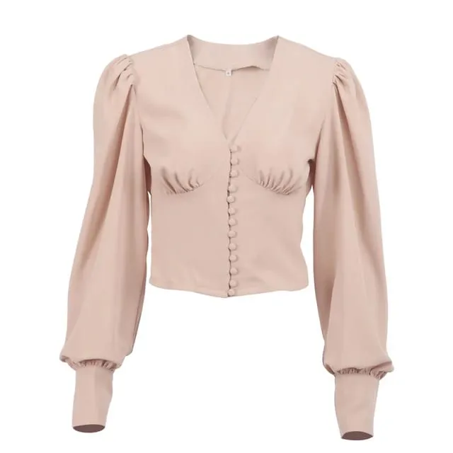 Spring Buttons Party Female Shirts Fashion Lantern Sleeve Solid Office Elegant Blouses XL S4479727