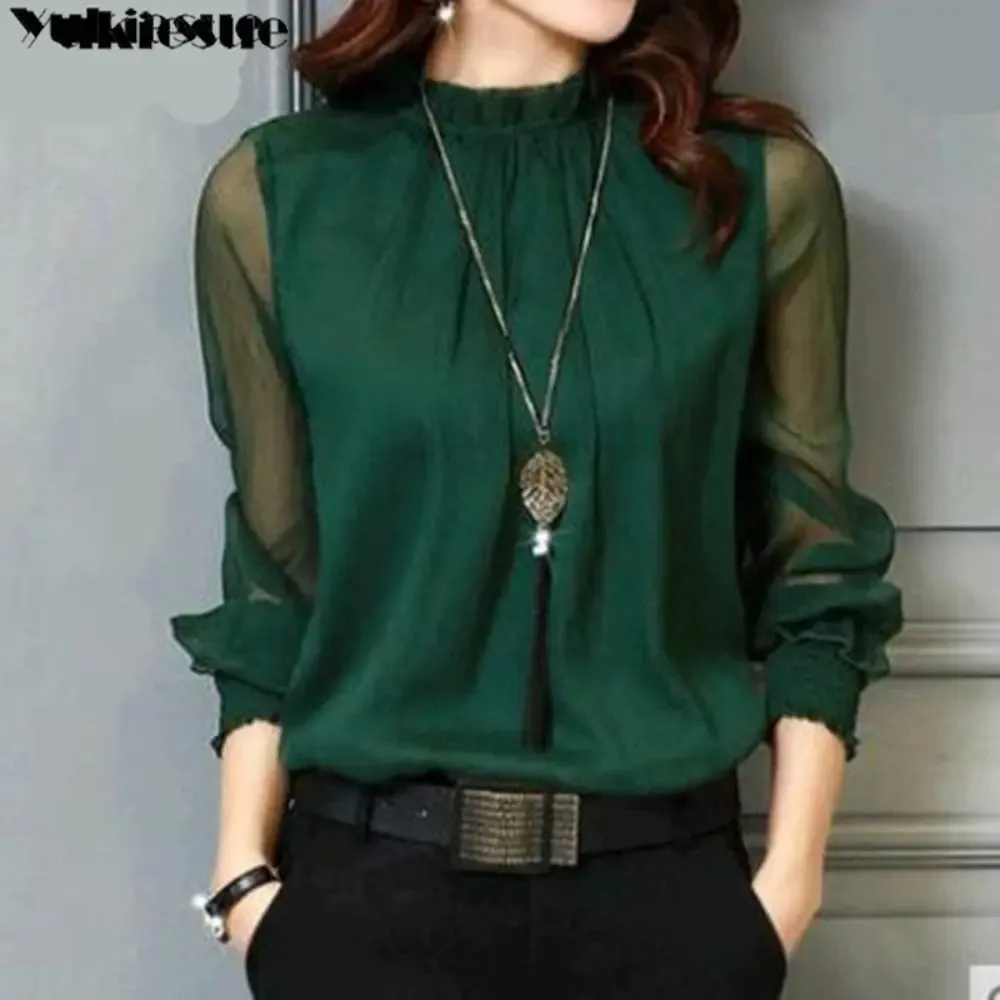 Spring Summer Elegant blouse women Korean Chiffon Shirt Women Long Sleeve Ruffled Women&#39;s shirts and blouses Office Lady Tops