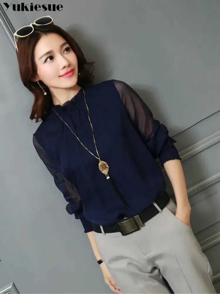 Spring Summer Elegant blouse women Korean Chiffon Shirt Women Long Sleeve Ruffled Women&#39;s shirts and blouses Office Lady Tops