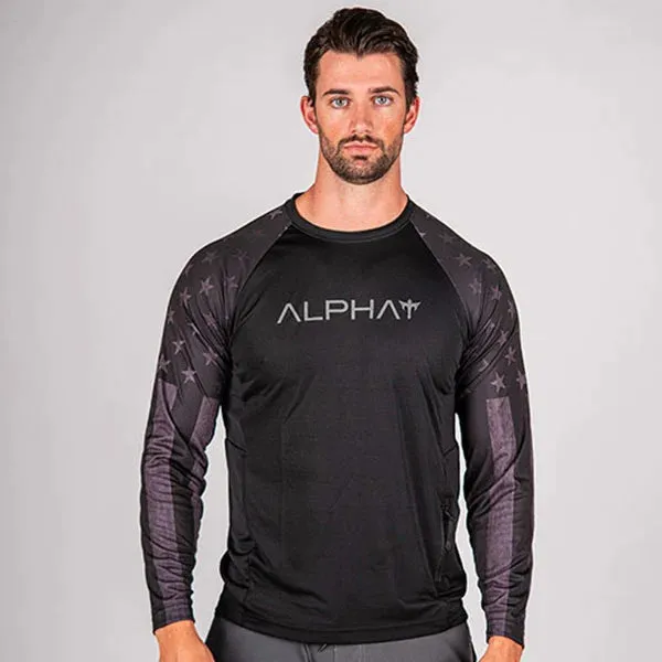 Tactical Long Sleeve Mesh | Black | 2 Sleeve Black Out American Flag | Alpha