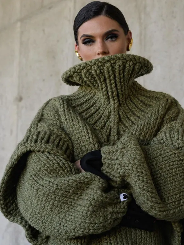 Trendy High Neck Sweater with Ruffle Hem