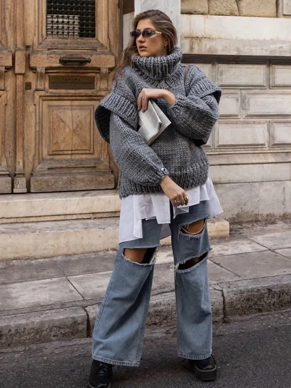 Trendy High Neck Sweater with Ruffle Hem